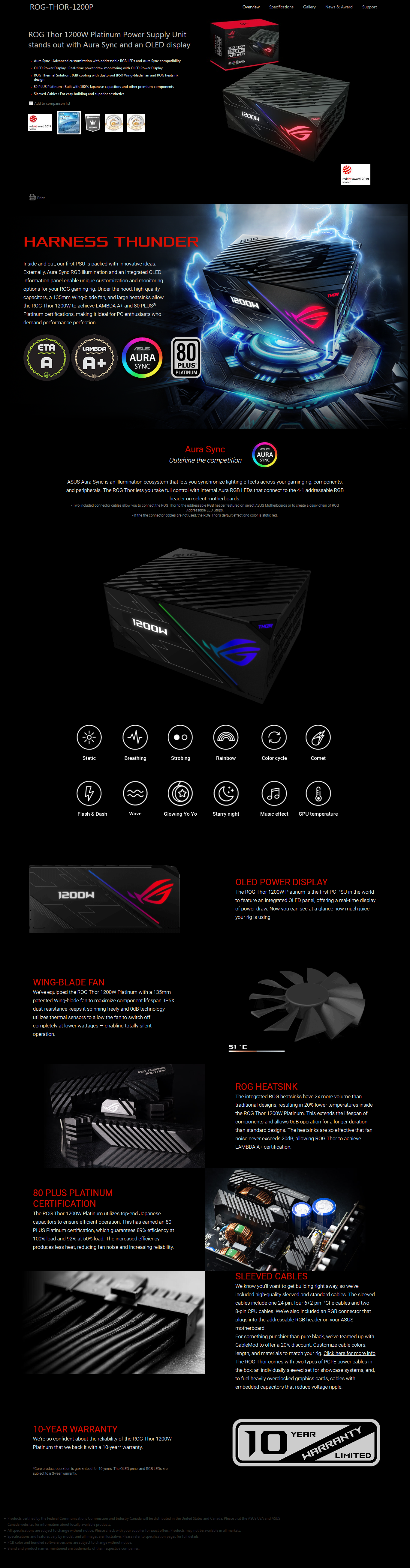 Asus 1200W Platinum Power Supply Unit stands out with Aura Sync and an OLED  Display PSU ROG-THOR-1200P