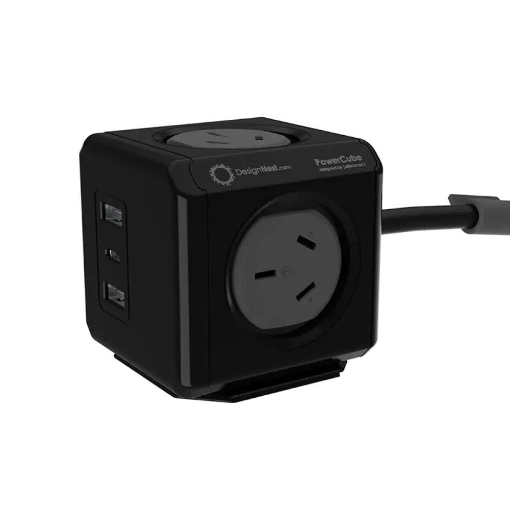 Allocacoc ELEALL11407BK PowerCube Extended 4 Outlets 2 USB-A + USB-C PD 20W Surge Black