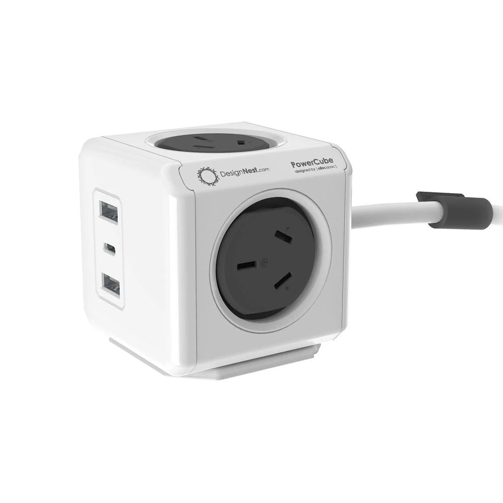 Allocacoc ELEALL11407GY PowerCube Extended 4 Outlets 2 USB-A + USB-C PD 20W Surge Grey