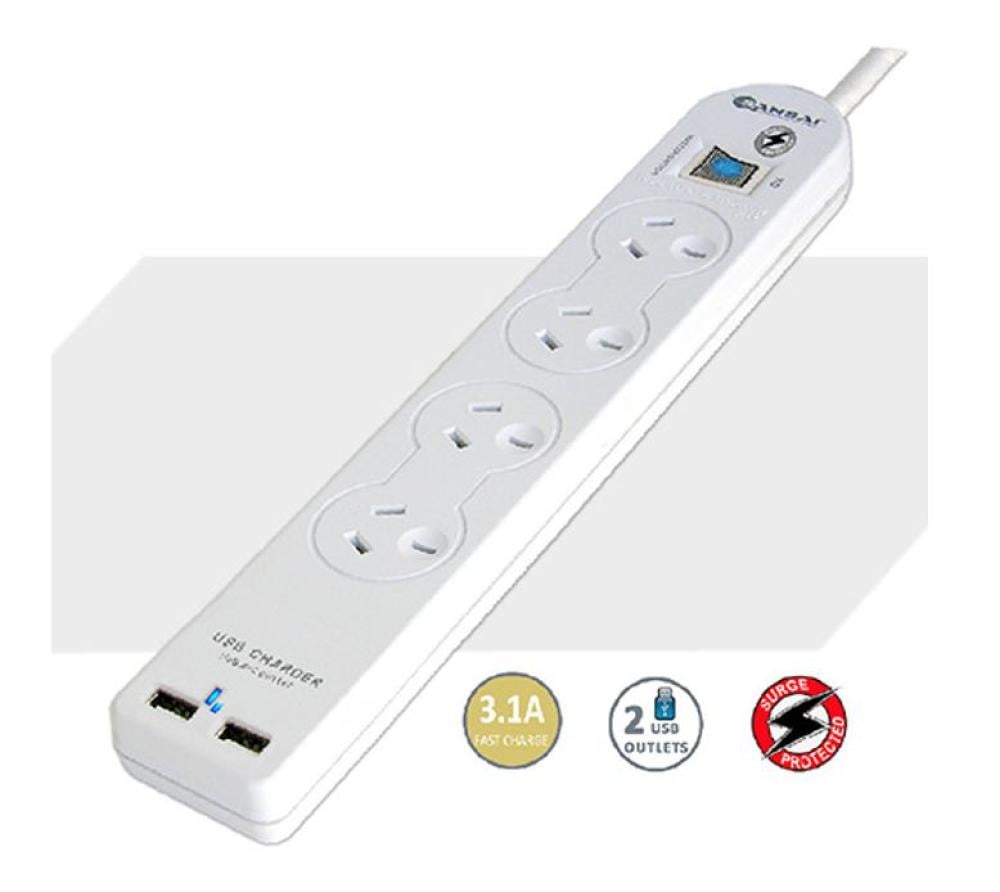 Sansai 4 Way Basic Powerboard USB Ax2 4 Outlets Master Switch Sur UPS