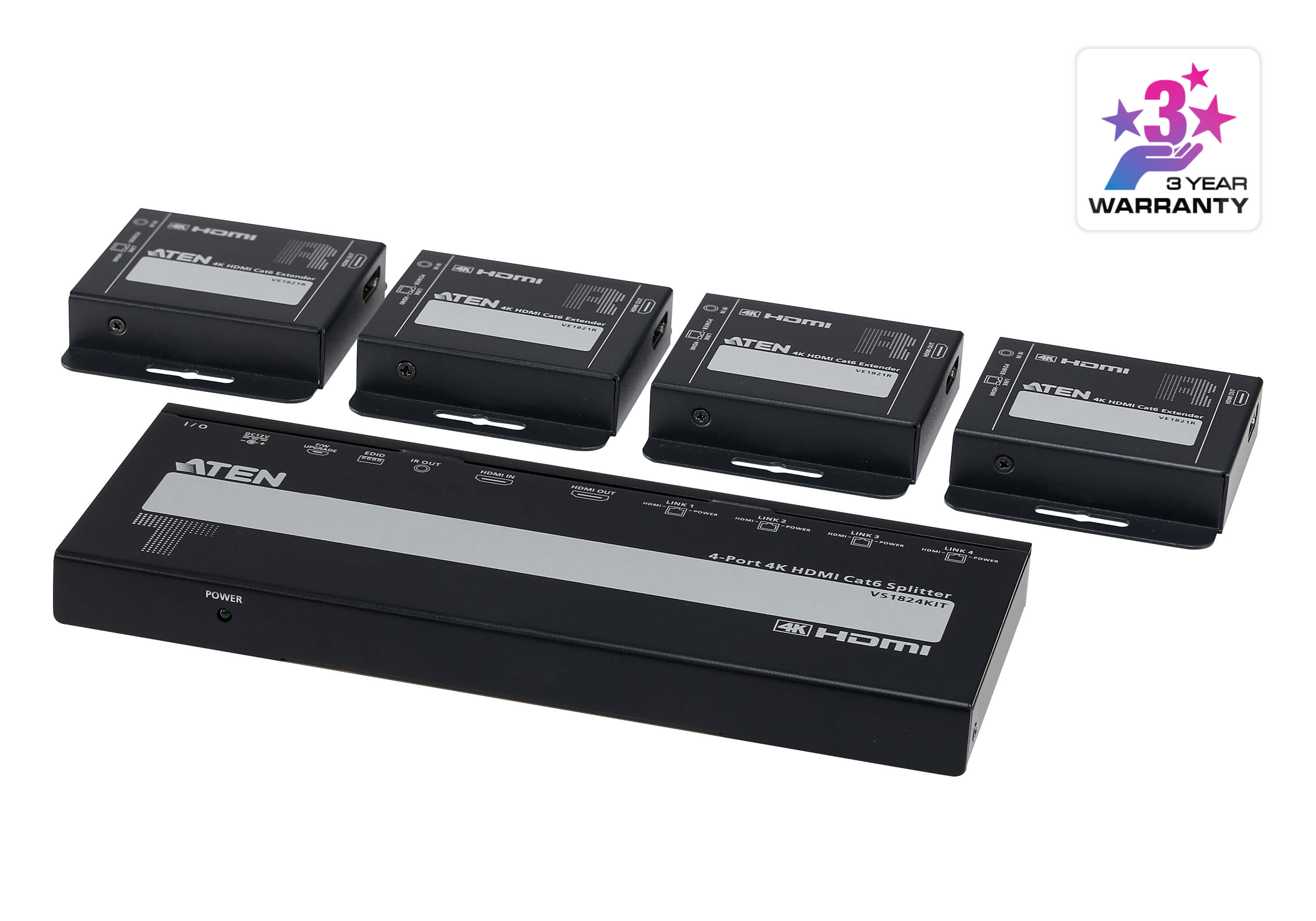 ATEN 4 Port 4K 4096x2160 HDMI CAT6 Splitter Kit With Receivers