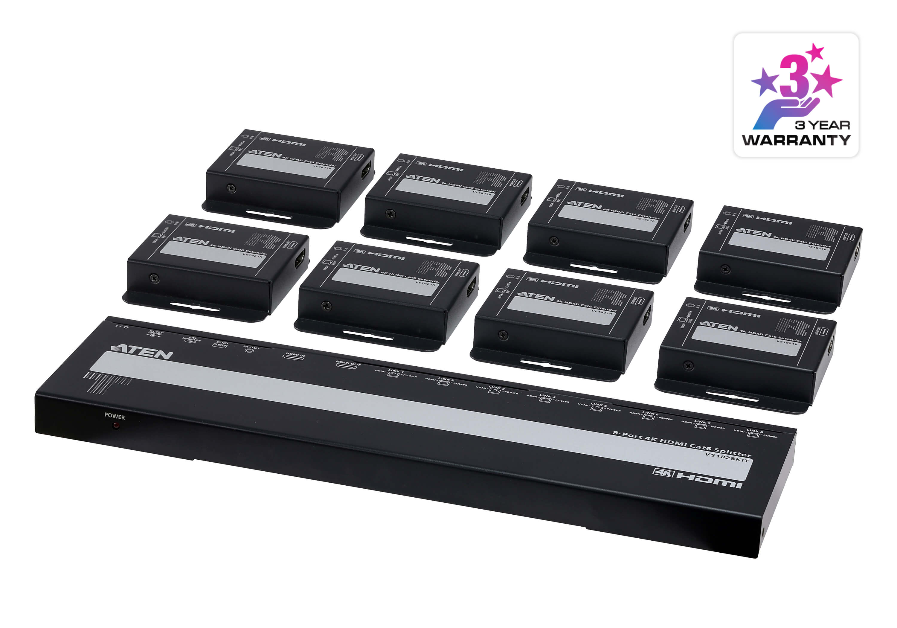 ATEN 8 Port 4K 4096x2160 HDMI CAT6 Splitter Kit With Receivers