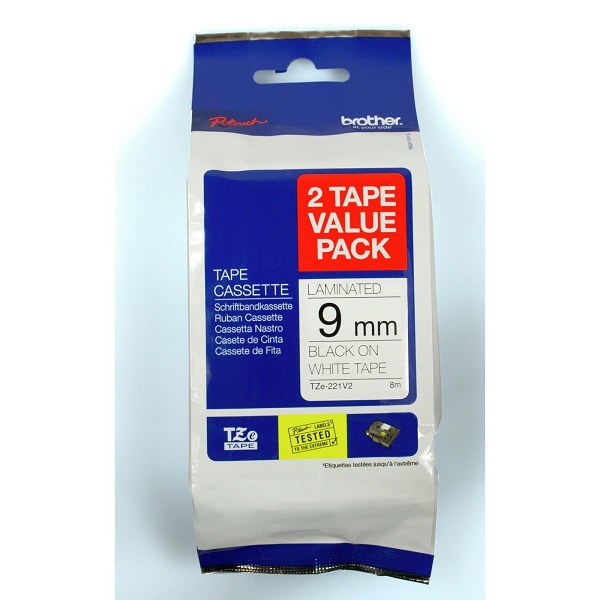 Brother 9mm Black On White Twin Pack Tz Tape TZE-221V2-TWINPACK