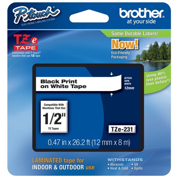 Brother 12mm Black On White Tz Tape TZE-231