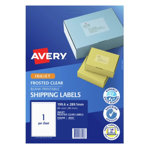 Avery 936008 Frosted Clear Lables 199.6 x 289.1 mm 1up 25 Sheets