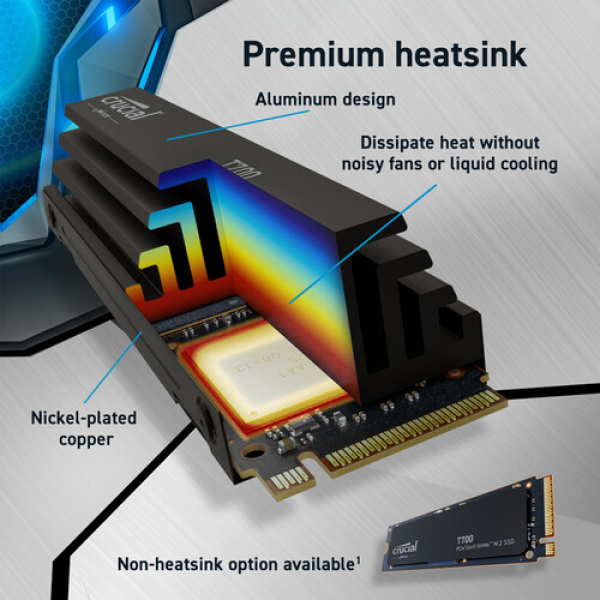 Crucial T700 2TB PCIe Gen5 NVMe M.2 SSD Heatsink