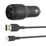 Belkin BoostCharge Dual USB-A Car Charger 24W with USB-A to Lightning Cable Black