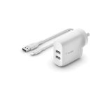 Belkin BoostCharge 24W Dual USB-A Wall Charger with Lightning to USB-A Cable White