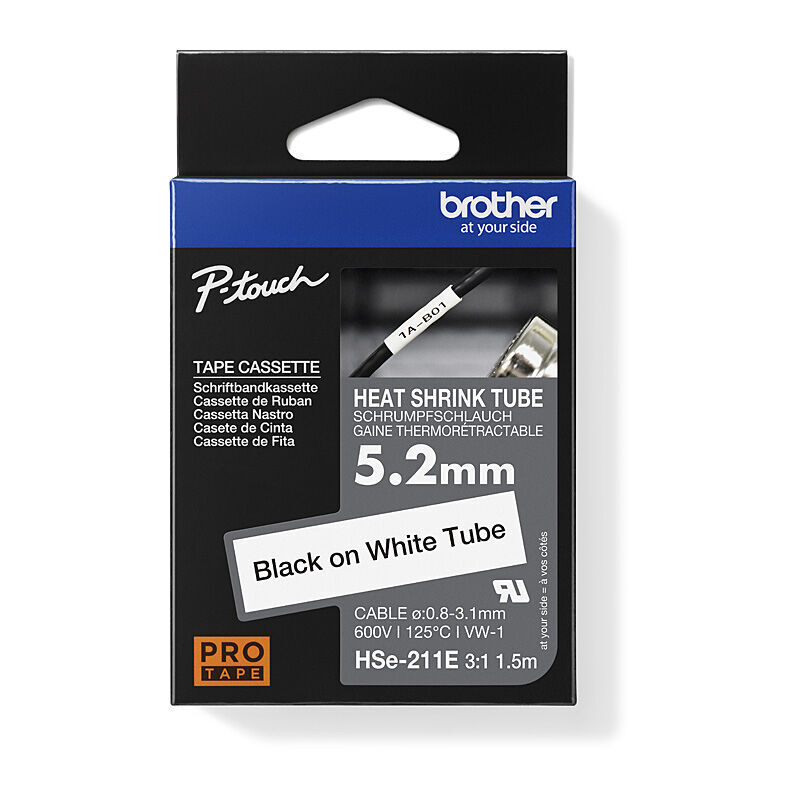 Brother 5.2mm Black Text on White Heat Shrink Tube Tape 1.5 meters