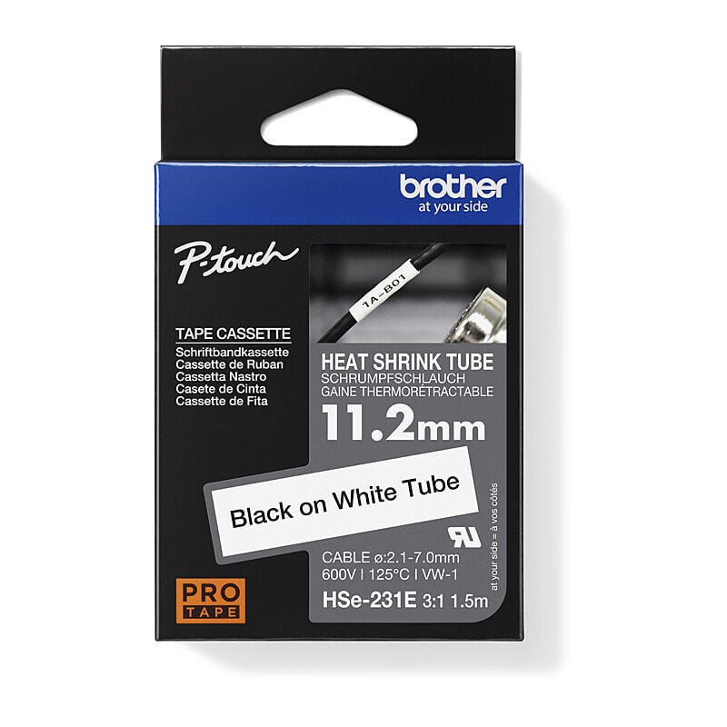 Brother 11.2mm Black Text on White Heat Shrink Tube Tape 1.5 meters