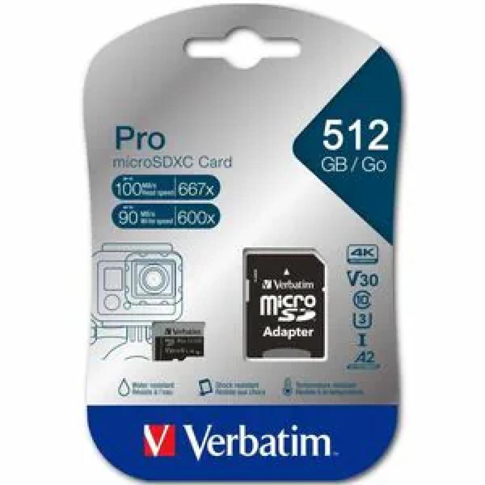 Verbatim Pro microSDXC 512GB UHS-I U3 A2 V30 with SD Adapter Memory Card
